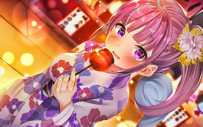 Minato Aqua, gadis berambut merah muda, kimono, vtuber Wallpaper HD