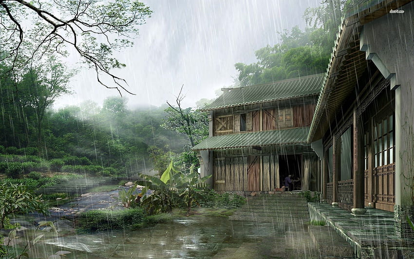 Vilage Rain, anime trees and rainy day HD wallpaper