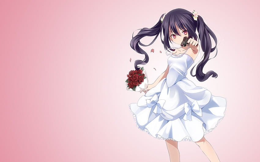 Waffen, Kleid, Blumen, langes Haar, Waffen, rote Augen, Twintails, Handfeuerwaffen, Hochzeitskleid, einfacher Hintergrund, Anime-Mädchen, rosa Hintergrund, schwarzes Haar ::, Anime-Mädchen-Hochzeitskleid HD-Hintergrundbild