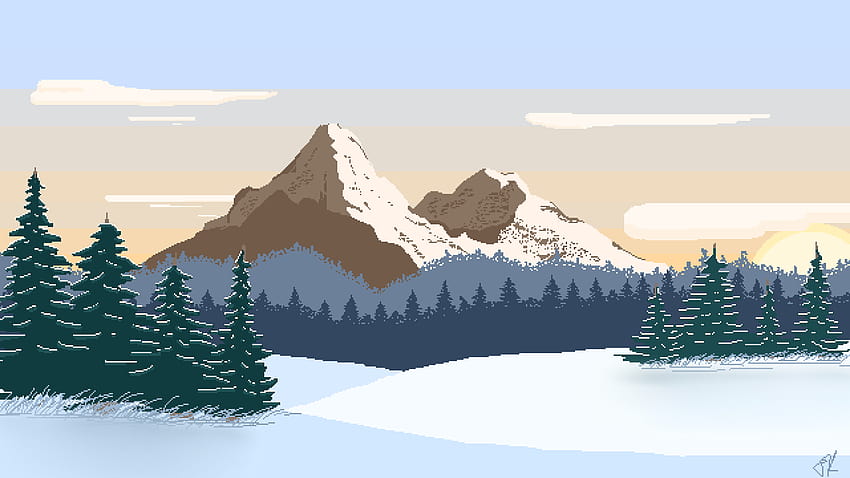 Natur Landschaft Pixel Art Verpixelte Pixel Berge Von Wellen gestürmte Bäume Winter Pinien Schnee verschneit, winterliche Pixelkunst HD-Hintergrundbild
