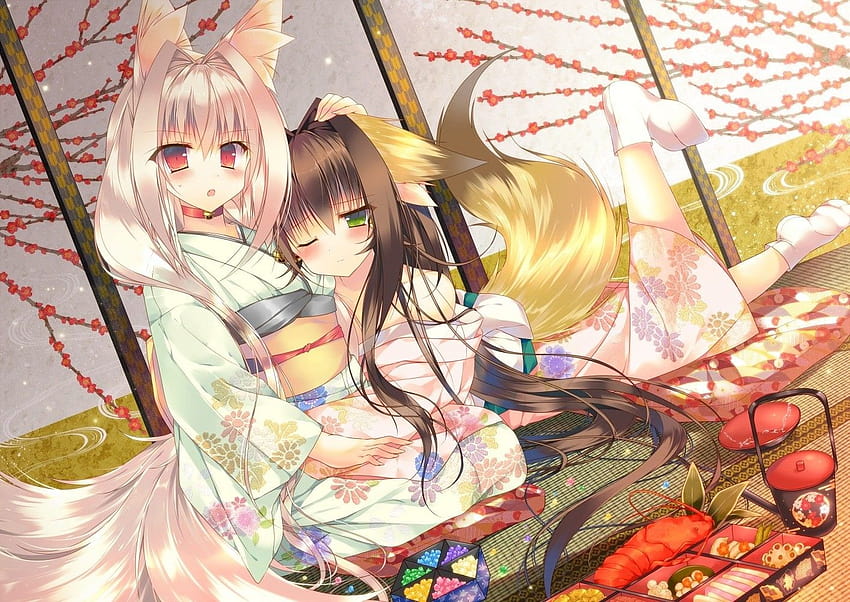 anime, Anime Girls, Kimono, Kitsunemimi, Original Characters, Fox, anime fox miko HD wallpaper