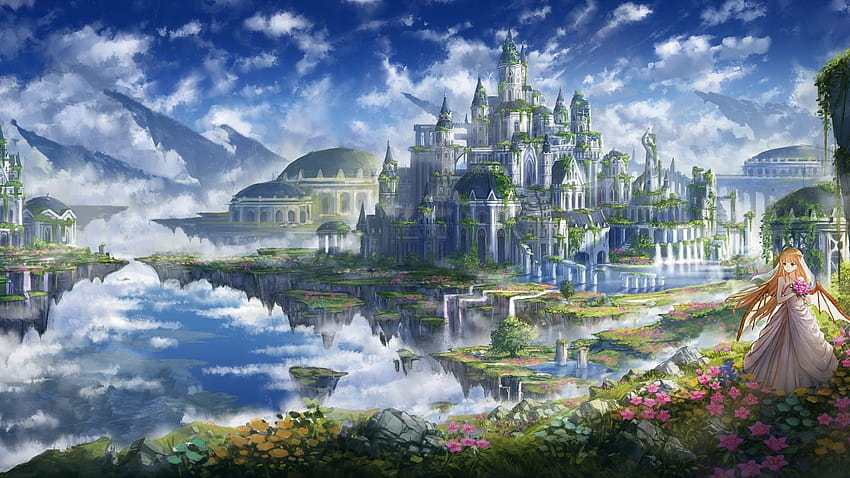 2560x1440 Anime Fantasy Castle, Floating Island, Anime Girl, Bride, Wedding Dress, Blonde, Runaway für iMac 27 Zoll, Castle Anime HD-Hintergrundbild