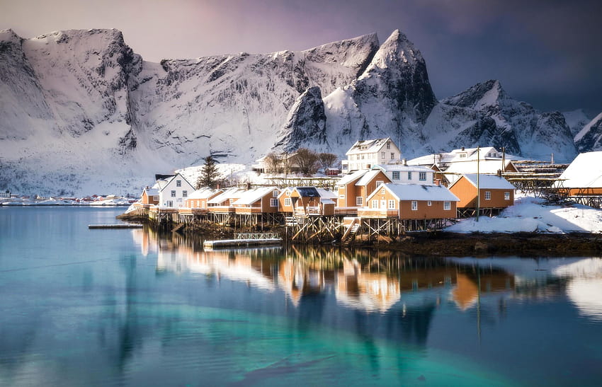 lofoten musim dingin norwegia refleksi pemandangan alam salju Wallpaper HD