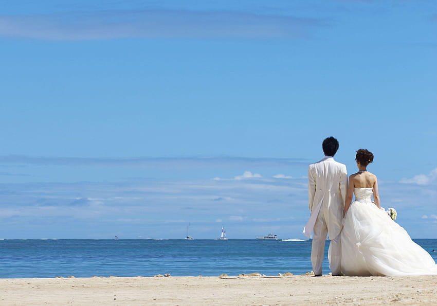 Beach couple wedding wedding dress brides, wedding couple HD wallpaper