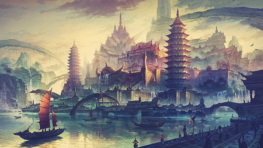 中国, ファンタジー アート, 伝統芸術, 船, アジアの建築物 / およびモバイルの背景, 中国のファンタジー 高画質の壁紙
