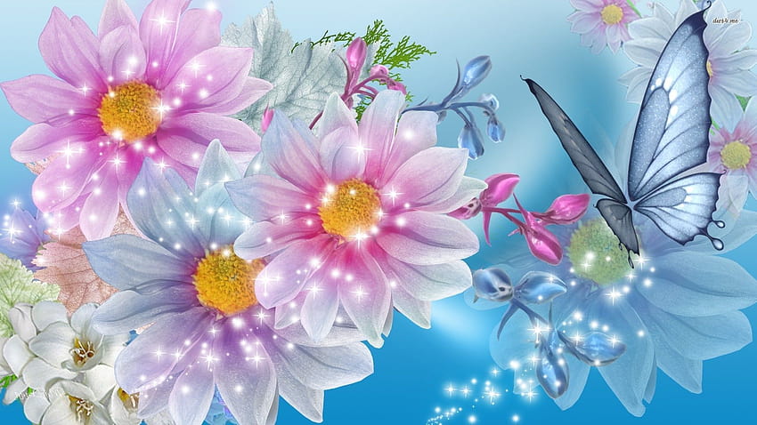 Papillons et fleurs scintillants, étincelles de printemps Fond d'écran HD