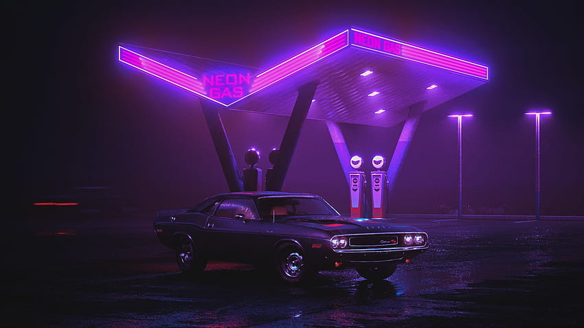 Muscle Car preto, Dodge Challenger preto perto do posto de gasolina Neon • Para você, computador estético de carros papel de parede HD