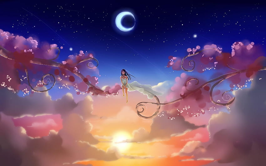 Lonely anime girl in night pink cloud view field 2K wallpaper download