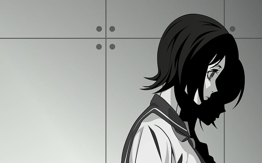 Ilustración de personaje de anime femenino de pelo negro, chica de anime en blanco y negro triste fondo de pantalla