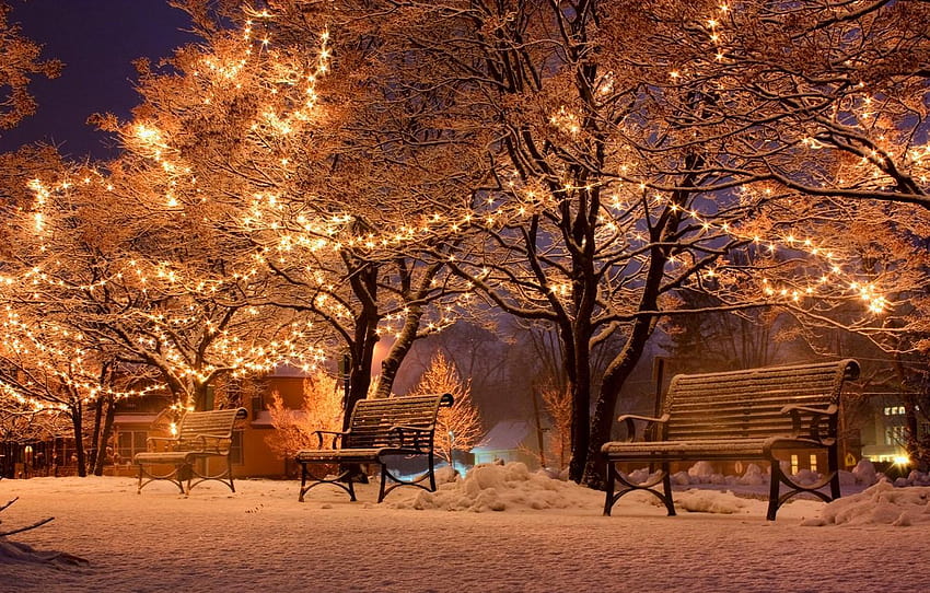 musim dingin, salju, malam, kota, kota, lampu, kota salju musim dingin Wallpaper HD