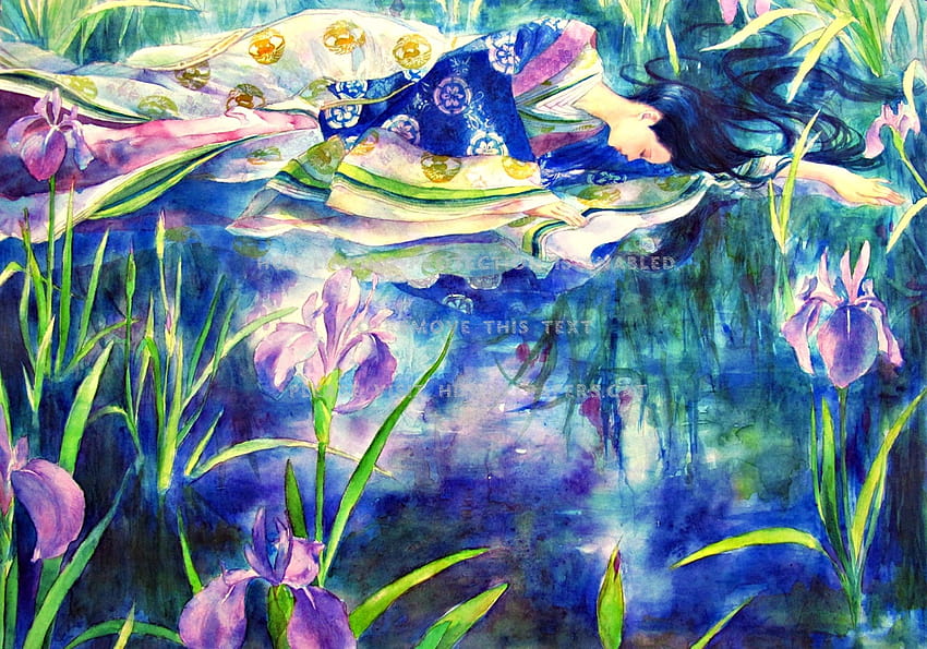 iris anime art lake blue water flower woman, anime iris flower HD wallpaper