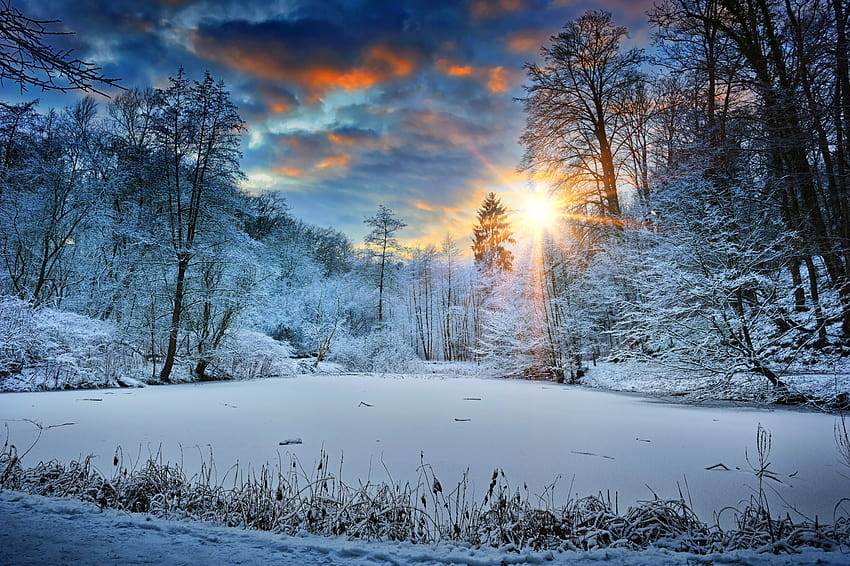 2048x1152 Sunbeams Landscape Snow In Winter Trees 2048x1152 Resolution , Backgrounds, and HD wallpaper