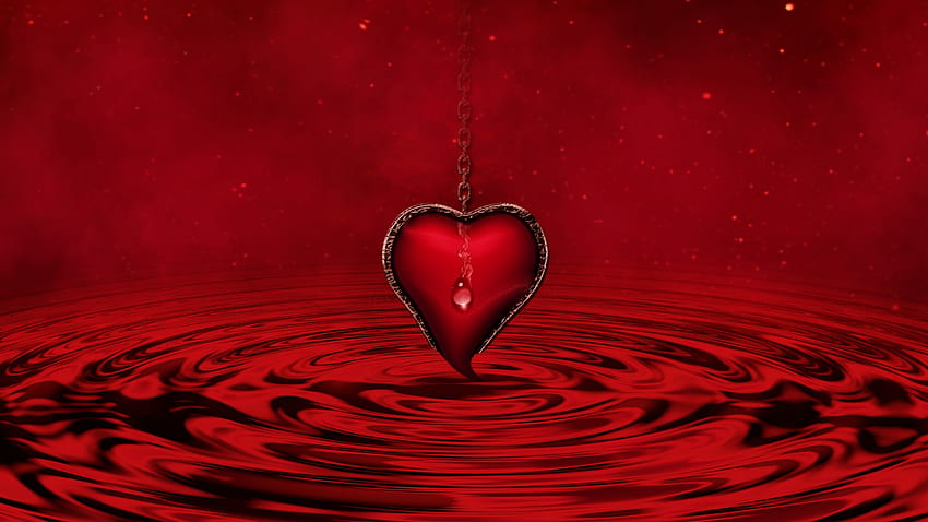 Red heart , Water, Red background, Stars, Waves, Chain, Love HD wallpaper