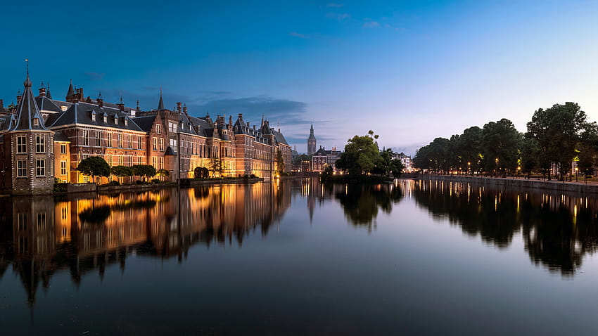 Hague, Netherlands, city, lake, buildings, trees, lights, dusk 3840x2160 U , the hague HD wallpaper