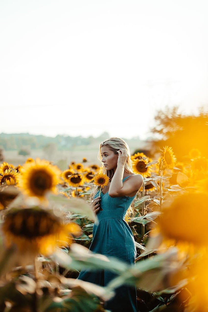 : women's blu sleeveless dress, blue dress, sunflower, sunflower girl HD phone wallpaper