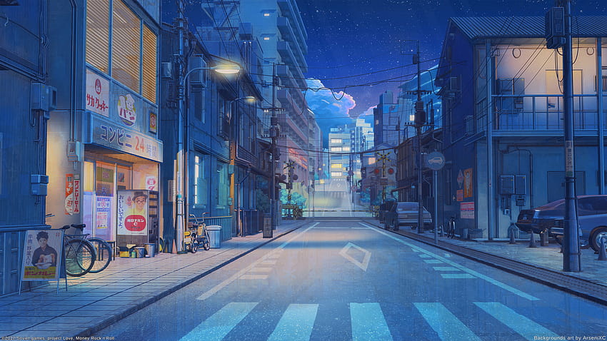 City Street At Night, anime city 1920x1080 HD wallpaper