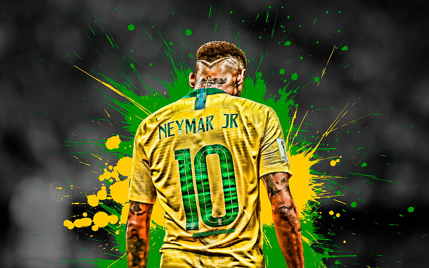 Neymar, back view, green and yellow blots, Brazil National Team, football stars, Neymar JR, soccer, joy, creative, grunge, Brazilian football team with resolution 3840x2400. High Quality HD wallpaper