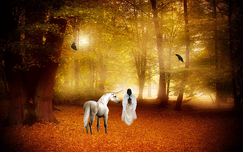 : 1920x1200 px, angel, animal, autumn, fairy, forest, horse, magical, unicorn 1920x1200, fall horse HD wallpaper
