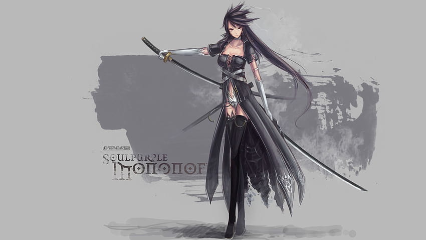 катана, дълга коса, оръжия, високи бедра, произведения на изкуството, аниме момичета, мечове, черна коса ::, черни и бели мечове жени HD тапет