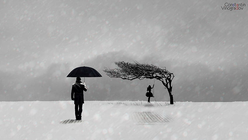 silhouettes Winter Umbrella Painting Art 1920x1080, depressing winter HD wallpaper