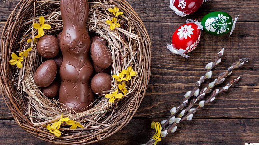 Easter egg and bunny chocolate in a basket and 3 painted eggs, chocolate easter eggs HD wallpaper
