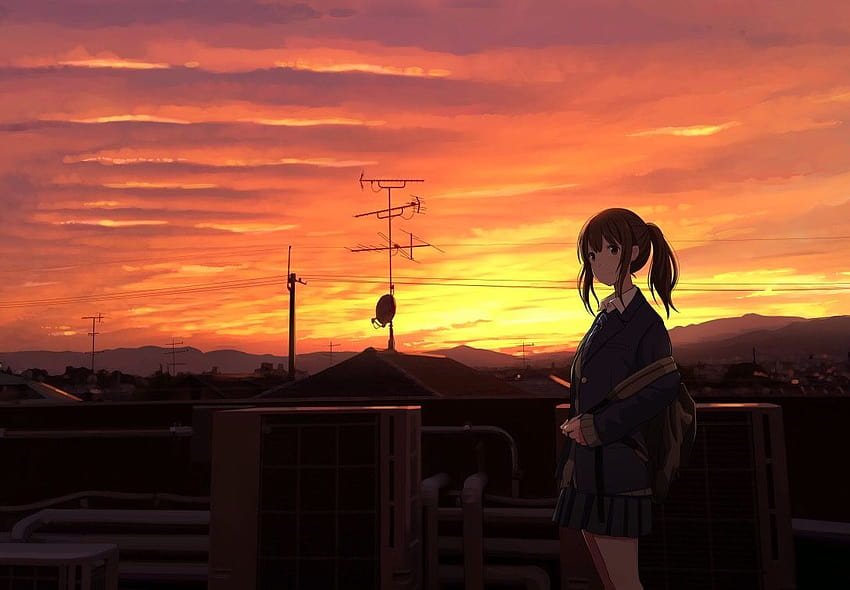 building city original rooftop sakeharasu scenic school uniform, rooftop sunset anime HD wallpaper