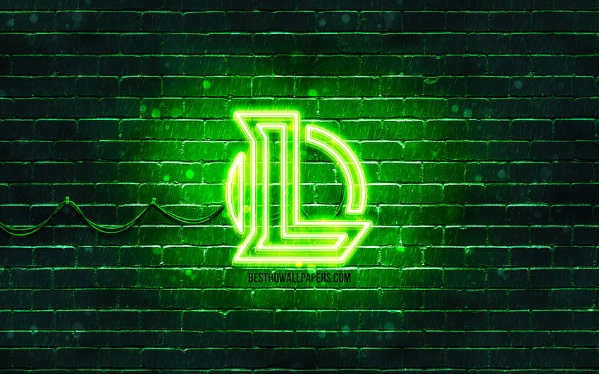 Зелено лого на League of Legends, LoL, зелена тухлена стена, лого на League of Legends, игри от 2020 г., неоново лого на League of Legends, League of Legends, лого на LoL с резолюция 3840x2400 HD тапет
