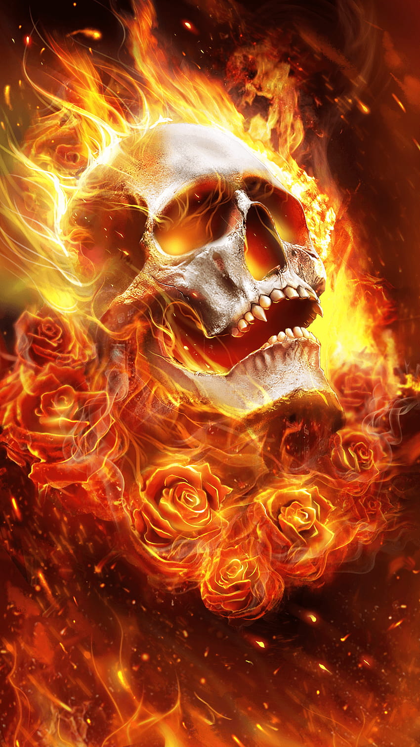 Crânio Flamejante, esqueleto de fogo Papel de parede de celular HD