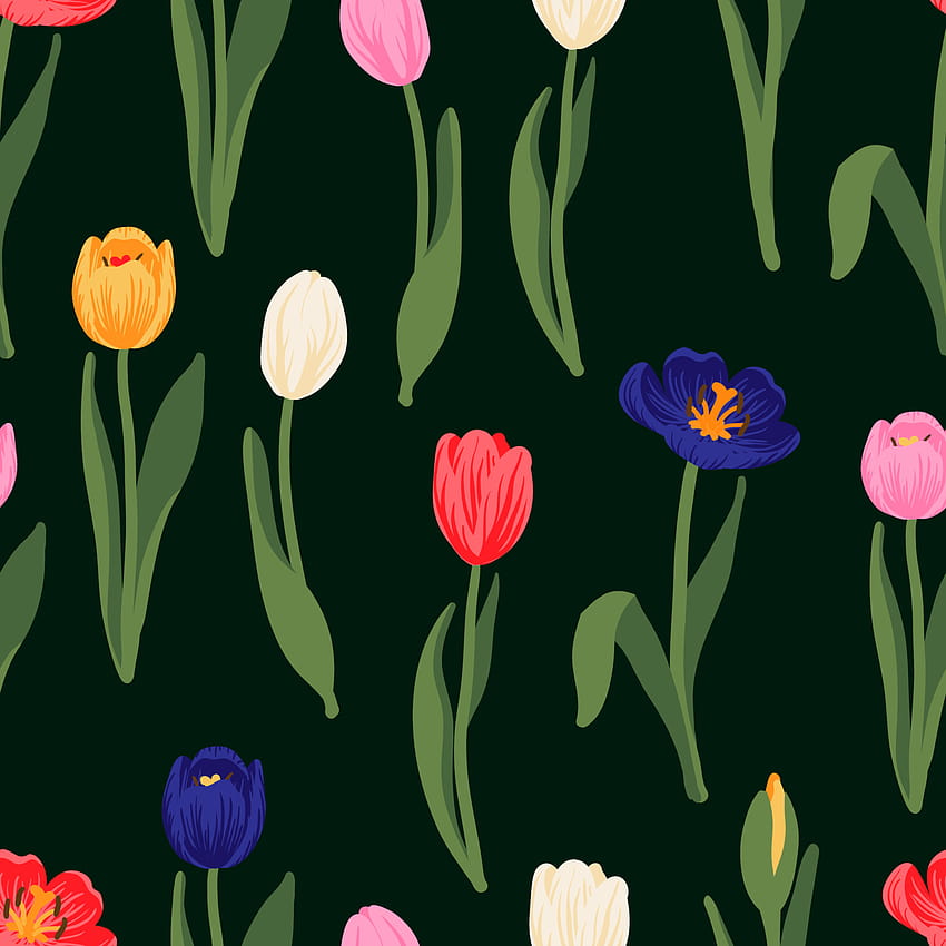 シームレスな花柄の赤、黄、紫、ピンクのチューリップ、緑の葉。 ラッピング、テキスタイル、スクラップ ブック、イースター、ハッピーマザーズ、女性の日のための春の花の背景。 フラット漫画デザイン 4806547 Vecteezy、春の花柄のベクター アート HD電話の壁紙