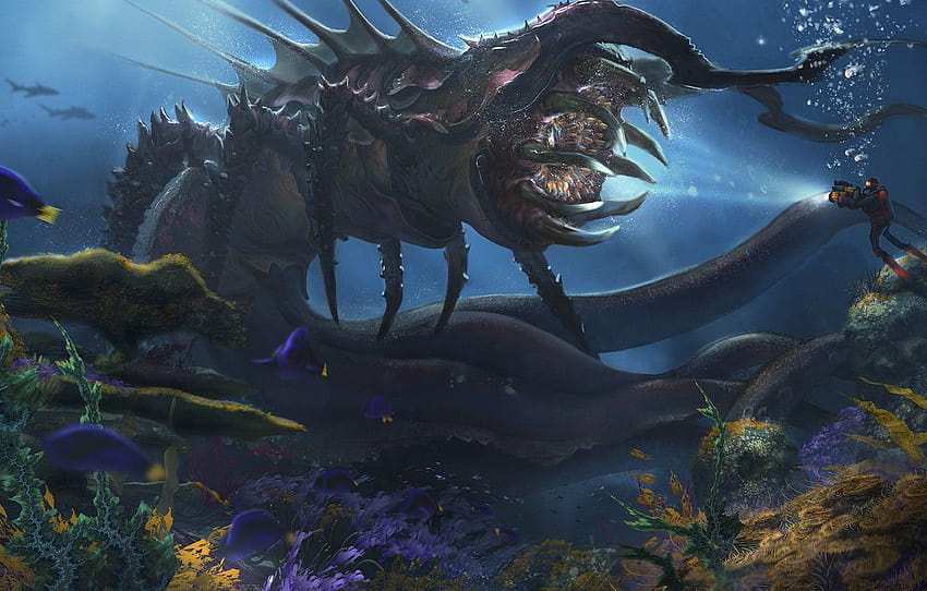 fish, the diver, monster, Deep Sea Creature, Alejandro Olmedo , section фантастика HD wallpaper