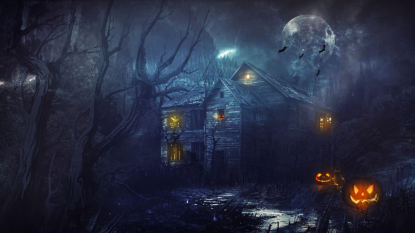 Къща за Хелоуин, Прилепи, Тикви, Луна, Зловеща, страховита къща за Хелоуин HD тапет