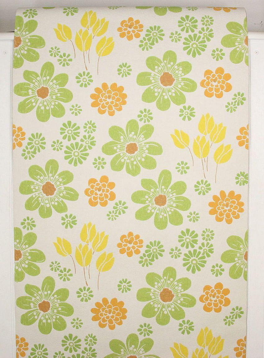 ดอกไม้วินเทจเรโทรสีเขียวสีส้มสีเหลืองปี 1960 วอลล์เปเปอร์โทรศัพท์ HD