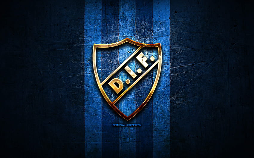 Djurgarden FC, logo doré, Allsvenskan, fond bleu métal, football, Djurgarden IF, club de football suédois, logo Djurgarden, football, Suède avec une résolution de 2880x1800. Haute qualité Fond d'écran HD