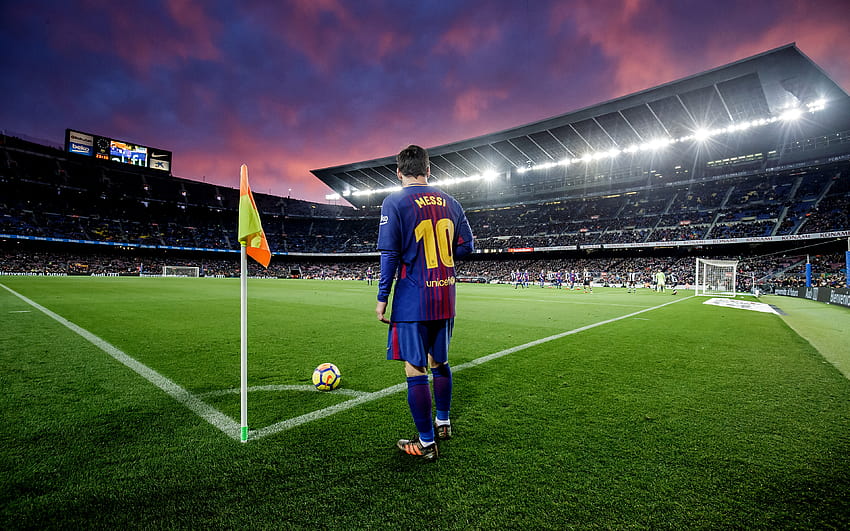 Lionel Messi, Barcelona, La Liga, Spain, corner kick, football stadium, Leo Messi, Camp Nou with resolution 3840x2400. High Quality, messi camp nou HD wallpaper