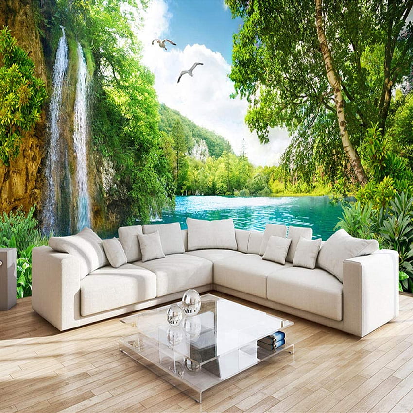 Buy Custom 3D Wall Mural Home Decor Green Mountain Waterfall Nature Landscape 3D Wall Paper for Living Room Bedroom HD phone wallpaper