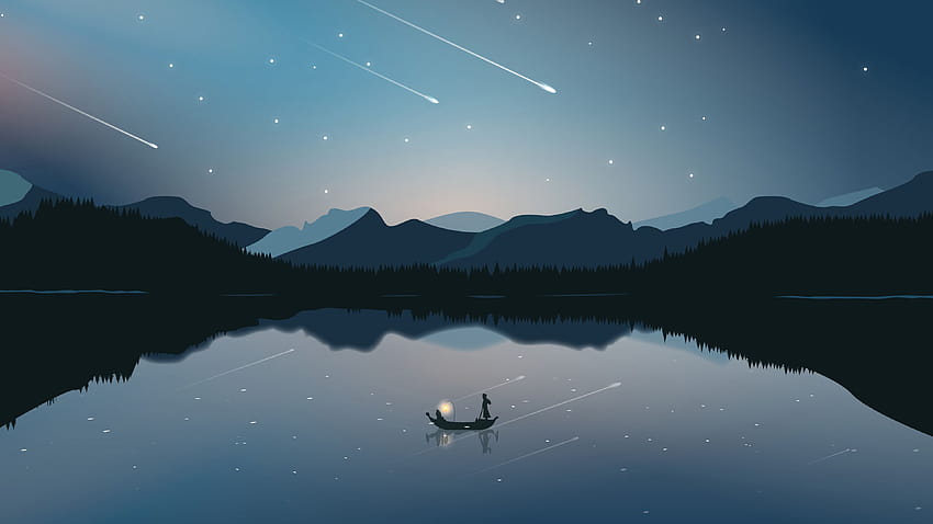 : 미니멀리즘, 별이 빛나는 밤, 산, 하늘, 호수, 반사 3840x2160 HD 월페이퍼