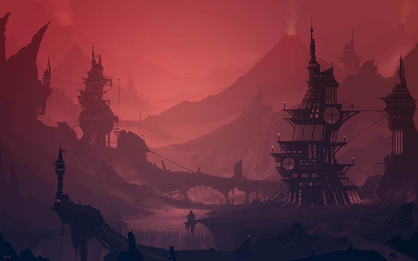 2219 Building Steampunk City Science Fiction Artwork Landscape Red ...