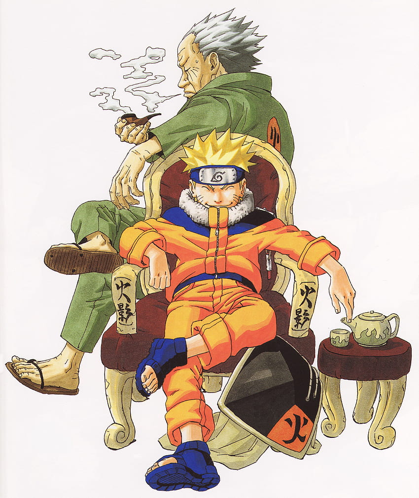 Naruto est assis sur une chaise et Hiruzen Sarutobi aussi Fond d'écran de téléphone HD