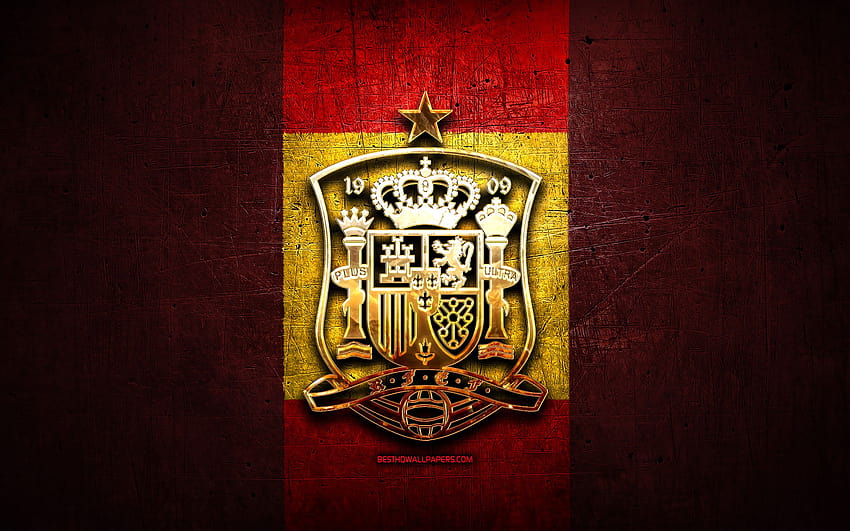 Национален отбор по футбол на Испания, златно лого, Европа, УЕФА, червен метален фон, испански футболен отбор, футбол, лого на RSFF, футбол, Испания с резолюция 2880x1800. Високо качество, футболна Испания HD тапет