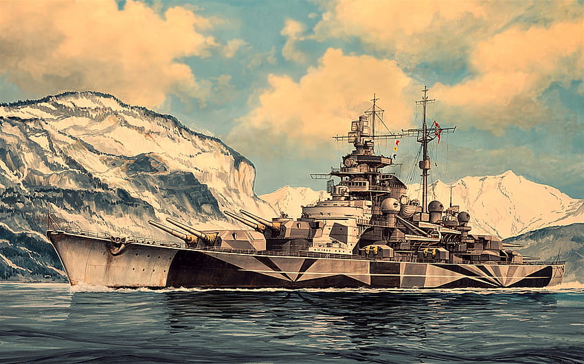 Tirpitz, WW II, งานศิลปะ, เรือรบเยอรมัน Tirpitz, กองทัพเรือเยอรมัน, เรือรบที่มีความละเอียด 1920x1200 คุณสูง วอลล์เปเปอร์ HD
