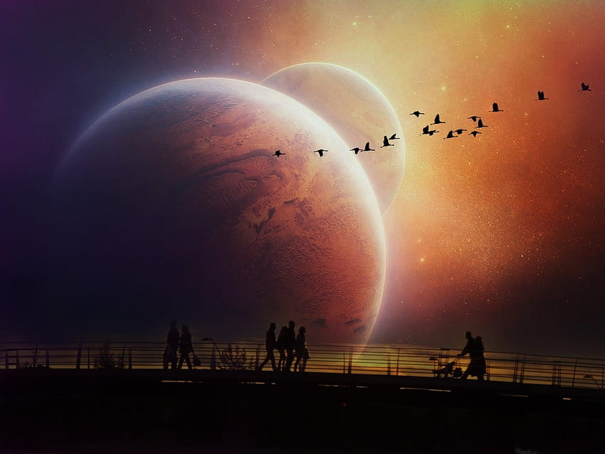 People Walking Evening Planets HD wallpaper