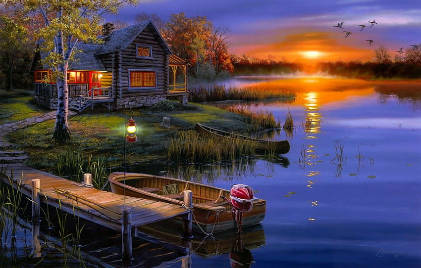 autumn, landscape, sunset, lake, boat, duck, art, lantern, house, Darrell Bush , section пейзажи, boats autumn lake HD wallpaper