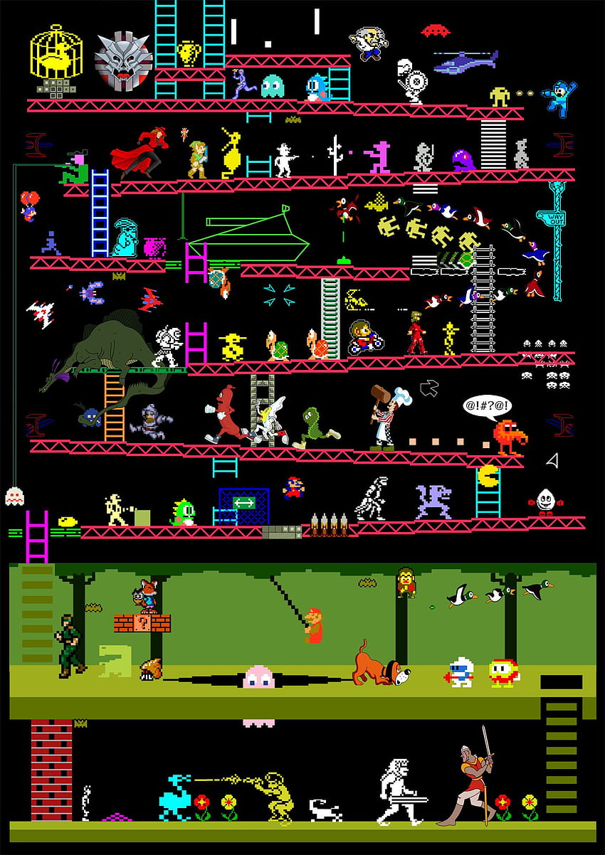 Класически видео и аркадни игри Mashup от Elomin Judan, ретро аркада от 80-те HD тапет за телефон