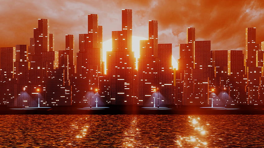 Футуристичен град с небостъргачи близо до водата. 3D рендиране на анимация. Ретро градски пейзаж концепция за градски пейзаж за видеоигри, VJ и DJ Motion Backgrounds 00:20 SBV, пълен ретро град HD тапет
