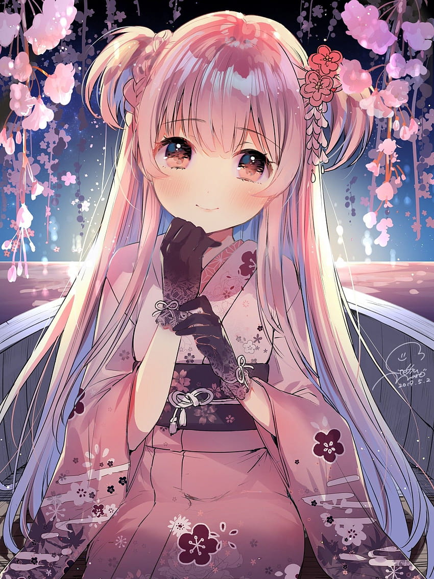 Anime Girl, Long Hair, Kimono, Moe, Cute, Gloves, Flowers, cute anime ...