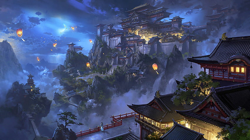 Anime, Sky Lantern, Montagne, Japonais, Château fort, Nuit, japanese castle Fond d'écran HD