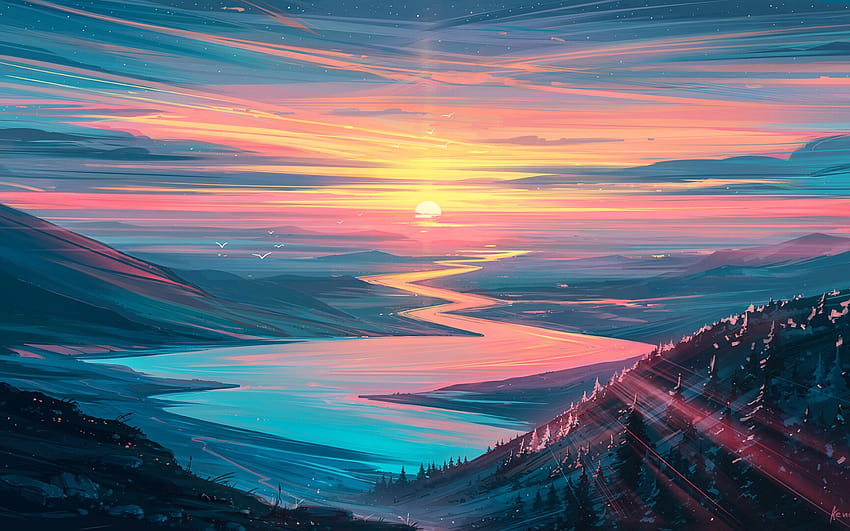 paysage d'été abstrait, vallée, coucher de soleil, montagnes, arrière-plans de nature abstraite, paysage de montagnes abstrait, oeuvre d'art, paysage abstrait avec résolution 1920x1200. Paysage Fond d'écran HD