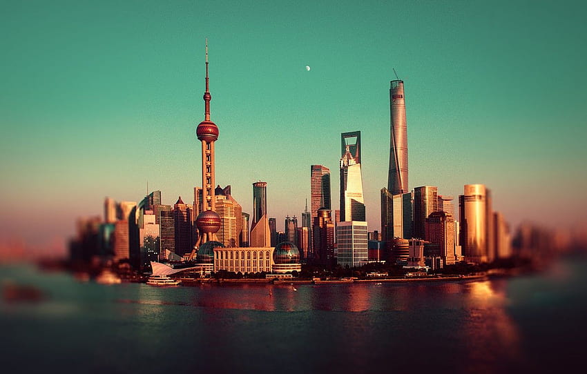 rzeka, księżyc, Chiny, Szanghaj, Oriental Pearl Tower, Shanghai Tower, Shanghai World Financial Center, rzeka Huangpu , sekcja город Tapeta HD