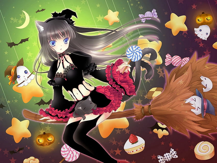 Black skirt anime girl, broom flying, witch, stars, witch spring HD wallpaper