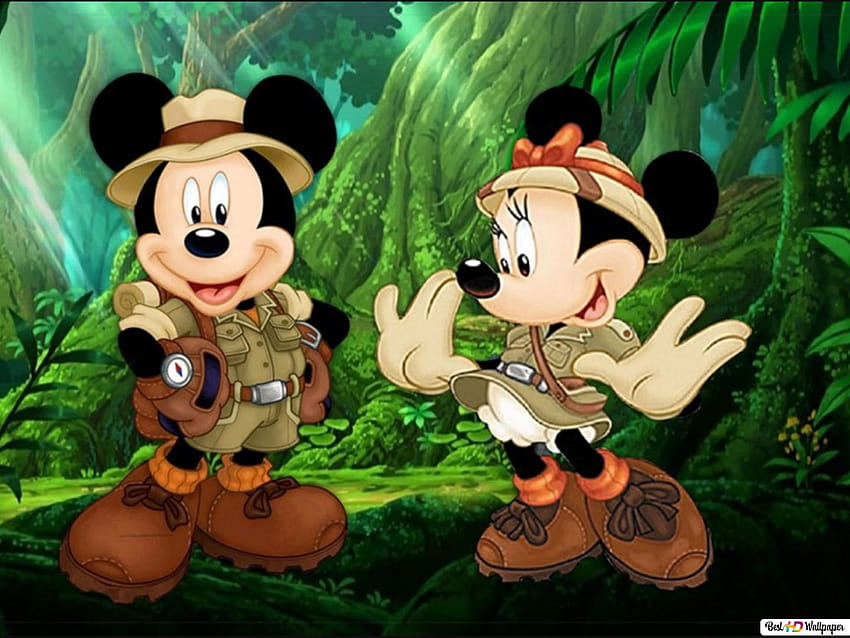 Orientation de dessin animé de Mickey maus et minnie mouse dans un safari dans la jungle, dessin animé safari Fond d'écran HD